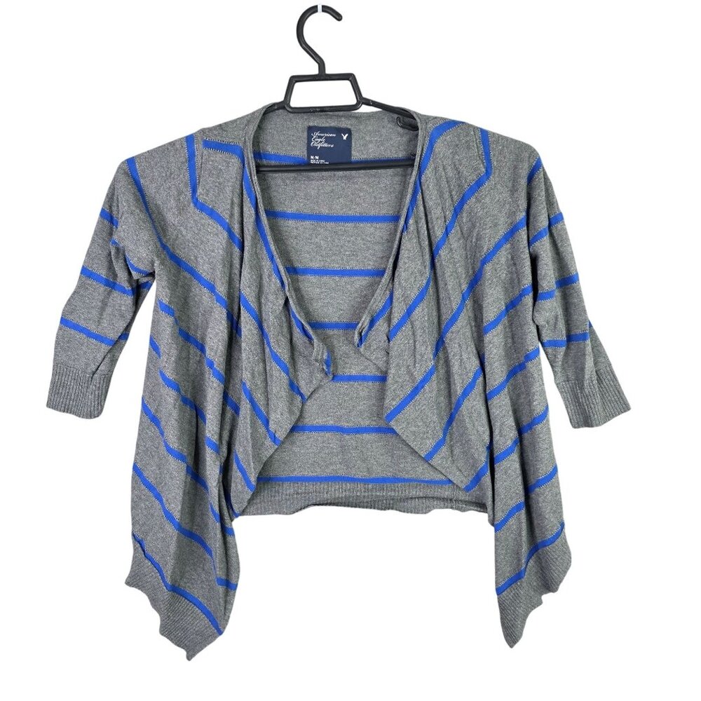 Womens American Eagle Gray & Blue Striped Open Front Cardigan 100% Cotton Size M